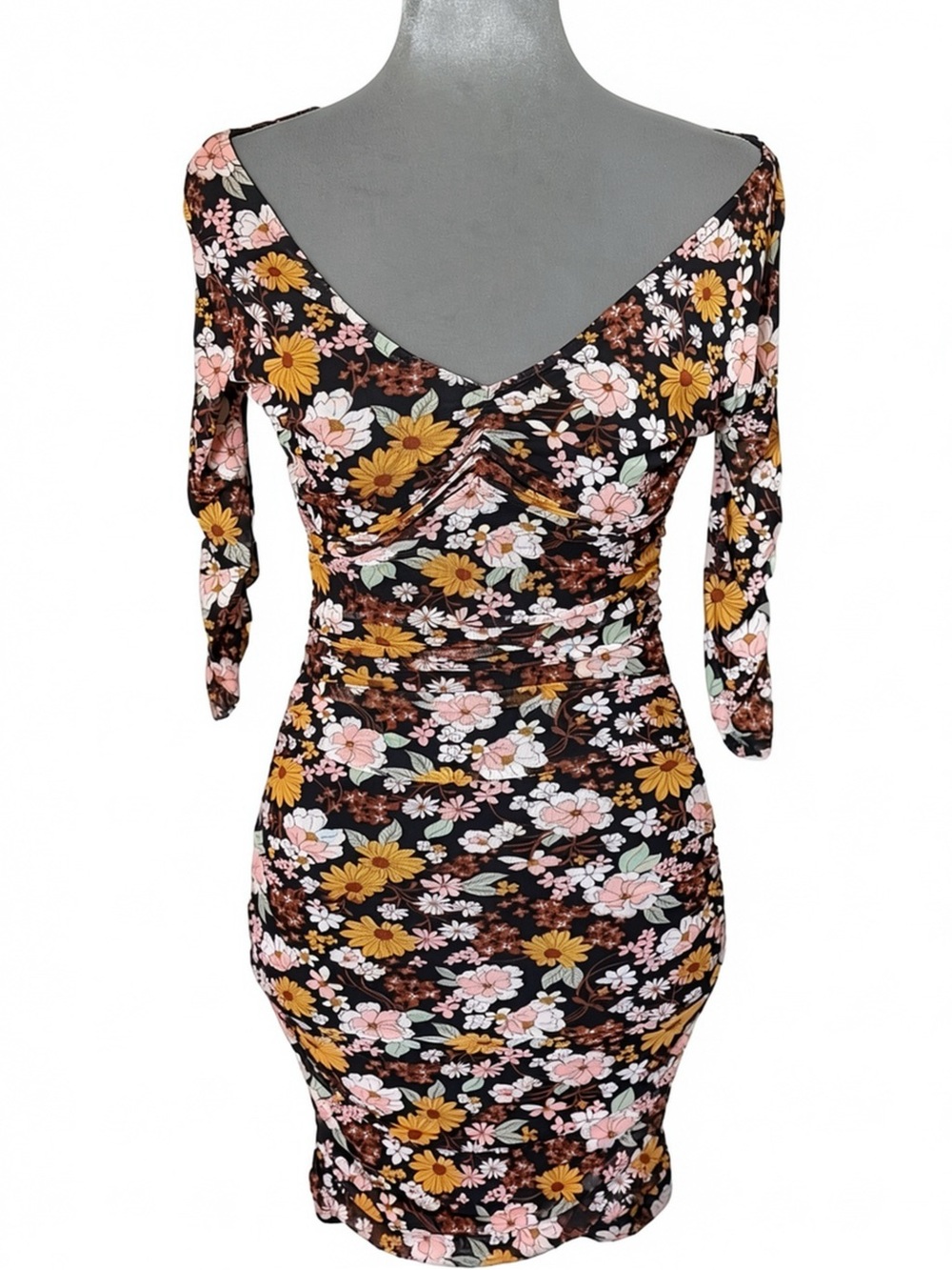 No Comment NY LA Black Multi Floral Ruched Off-Shoulder Mini Dress S NWT